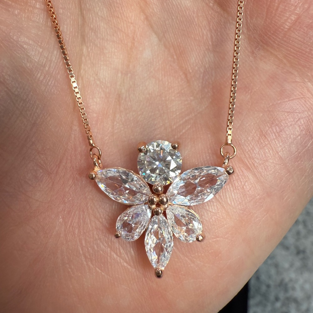 $995 Retail Moissanite & Sapphire Necklace In 18K Rose Gold Over 925 Sterling